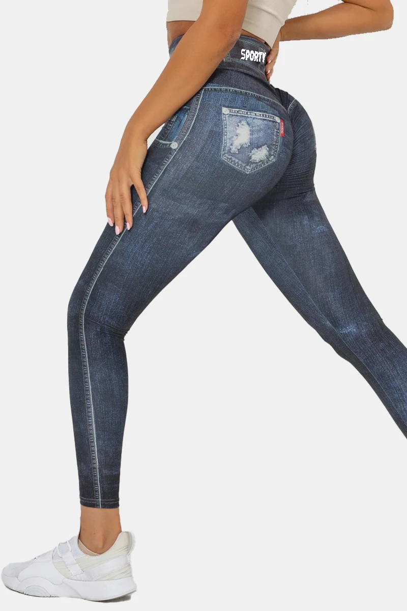 Sporty Look-Alike-Jeans Tights – Deep Blue – L