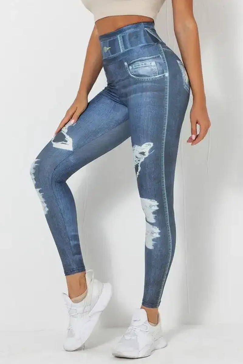 Sporty Look-Alike-Jeans Tights – Dark Blue – L